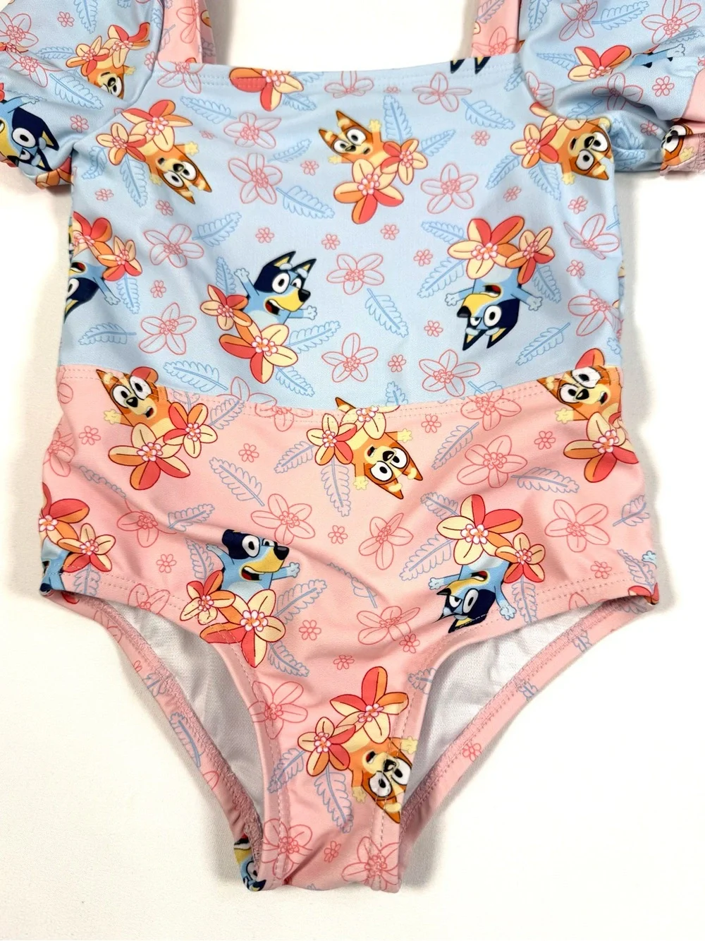 BLUEY Girls Floral Puff Sleeve Swimsuit One Piece 2T Tropical Beach Summer Kids